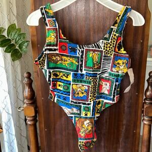 Vintage Lion King Print Deadstock 90s High Cut Thong Leotard Dancewear XL NWT